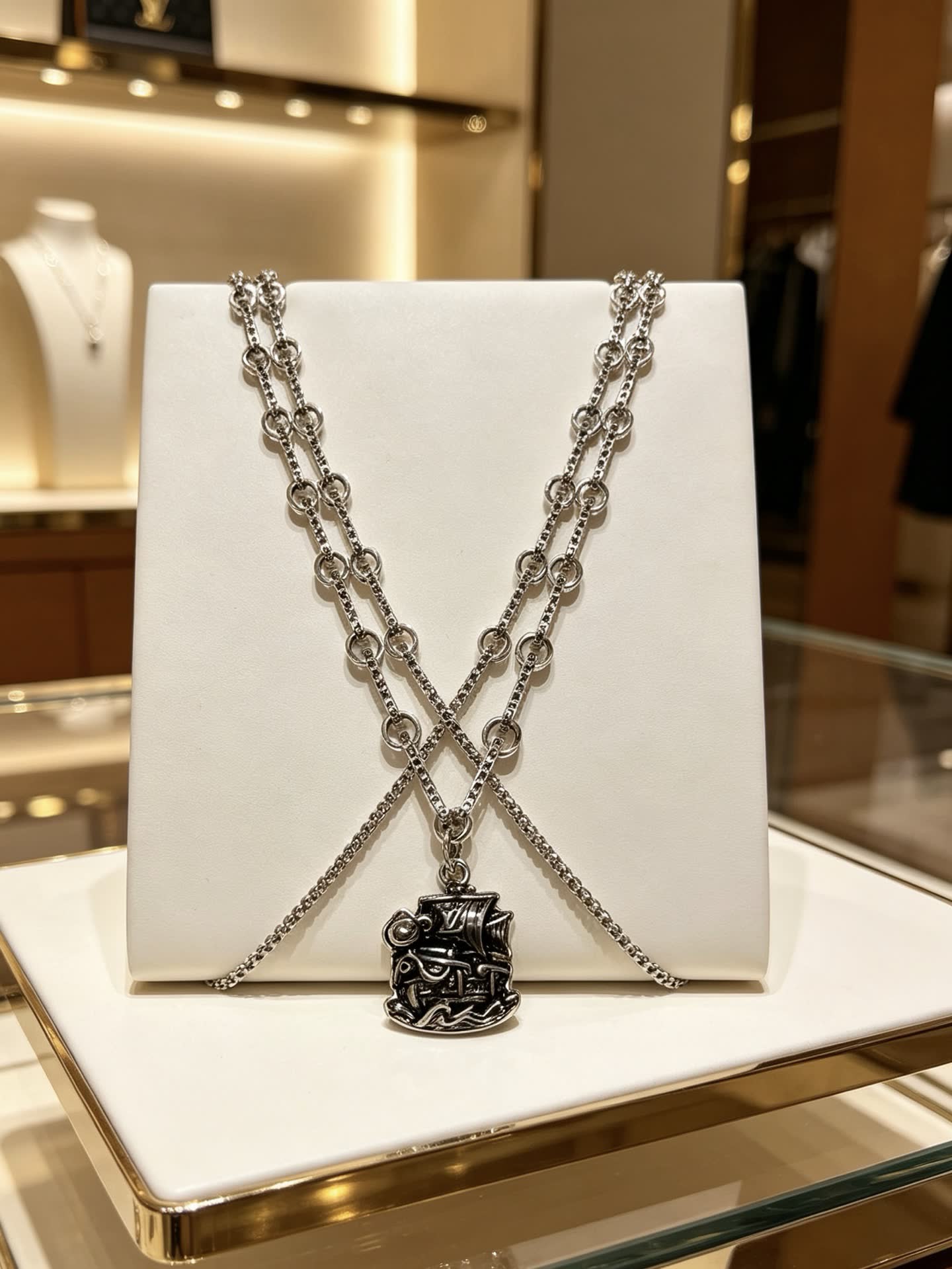 Louis Vuitton Silver Chain with Pirate Ship Pendant